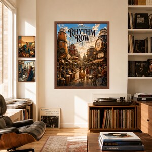 May include: A framed wall art print titled Rhythm Row featuring a bustling street scene with people playing drums and dancing. The illustration includes tall drum-shaped buildings, warm lighting, and a blue sky with clouds, all enclosed in a brown frame.