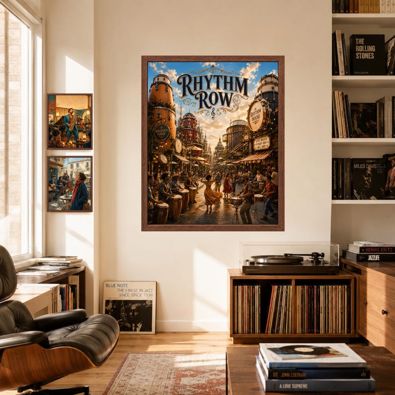 May include: A framed wall art print titled Rhythm Row featuring a bustling street scene with people playing drums and dancing. The illustration includes tall drum-shaped buildings, warm lighting, and a blue sky with clouds, all enclosed in a brown frame.
