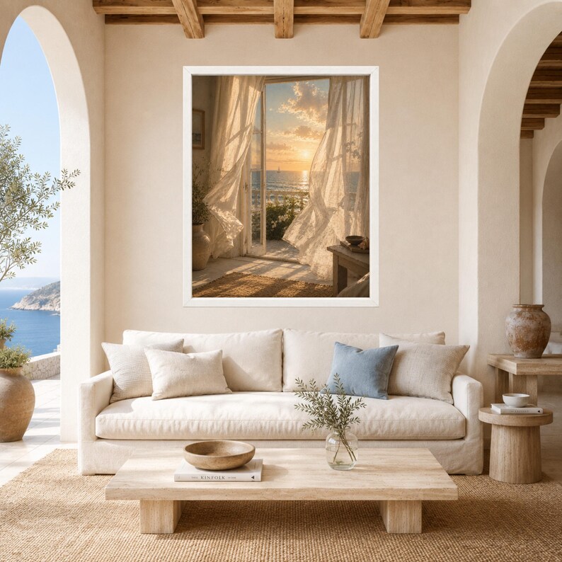 Mediterranean Window Art, Sheer Curtains, Sunset Sailboat (Digital Download) image 3
