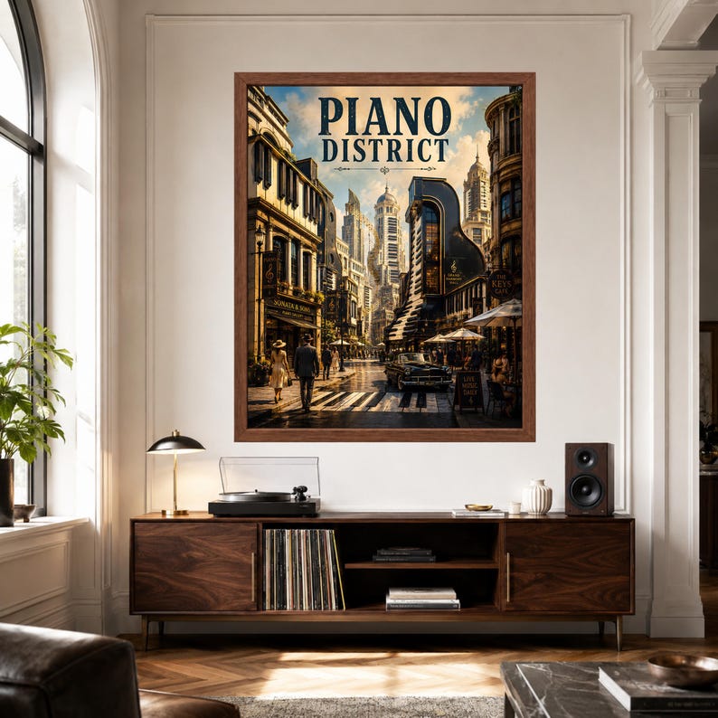 May include: A framed wall art print titled PIANO DISTRICT featuring a city street scene with tall buildings, a vintage car, and pedestrians. The artwork displays a warm color palette with golden light, deep shadows, and a crosswalk designed to look like piano keys.