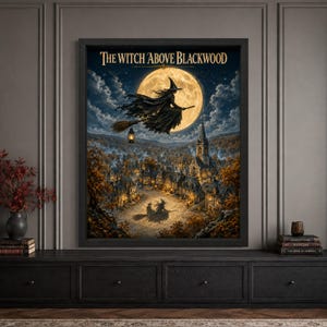 Framed flying witch Halloween wall art featuring a witch on a broom silhouetted against a huge full moon above an autumn village, glowing church and houses, with vintage “The Witch Above Blackwood” typography.