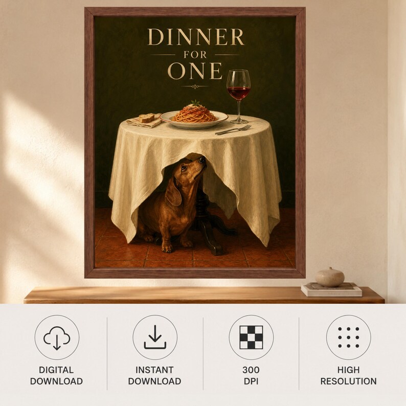 Dachshund Wall Art, Funny Kitchen Poster, Spaghetti Dog Print, Dinner for One, Digital Download image 10