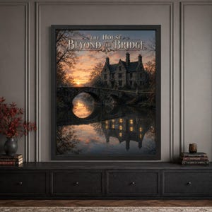 Framed gothic Halloween wall art featuring an old stone manor beyond an arched bridge at sunset, reflected in a still river with glowing windows below, autumn trees and ornate “The House Beyond the Bridge” typography.