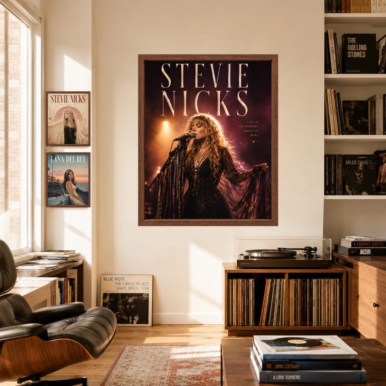 May include: A framed wall poster featuring a photograph of Stevie Nicks performing on stage with long blonde hair and a black fringed outfit. The text STEVIE NICKS is printed in large white letters at the top, with smaller text on the right side.