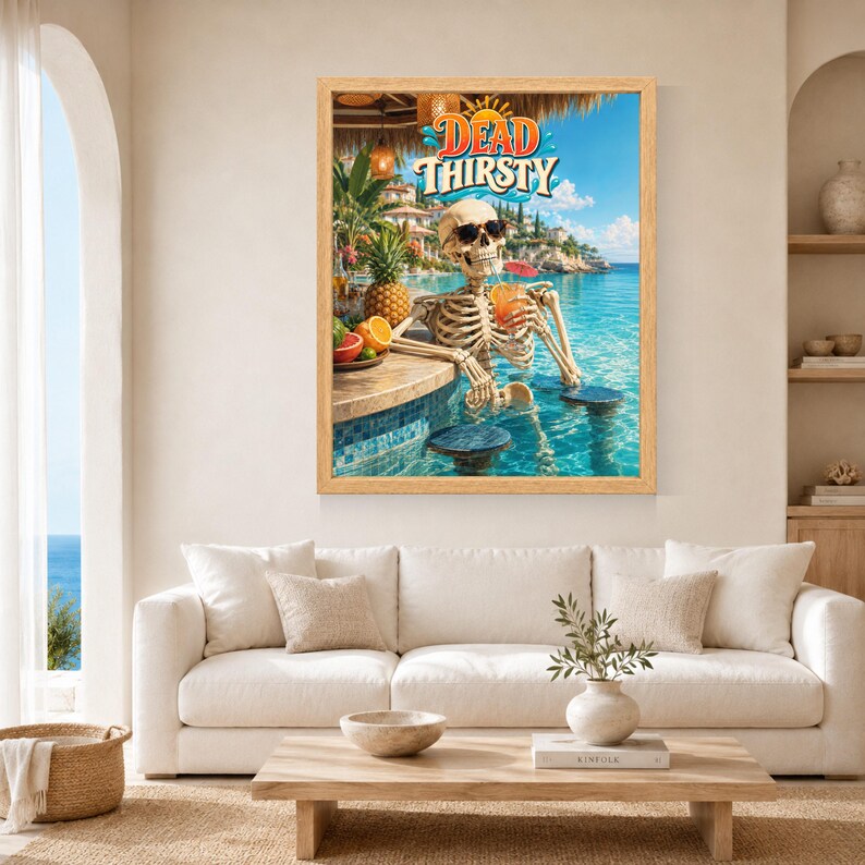 May include: A framed wall art print featuring a skeleton wearing sunglasses, sitting in a swimming pool at a tropical resort, holding a cocktail with a straw. The text DEAD THIRSTY is displayed at the top in a stylized orange and blue font.