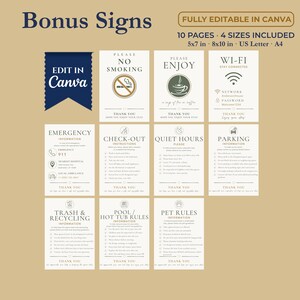Editable Airbnb Bonus Signs Canva template set showing 10 coordinated vacation rental signs including Wi-Fi, no smoking, check-out instructions, quiet hours, parking, emergency information, trash and recycling, pool rules and pet rules in four included sizes.