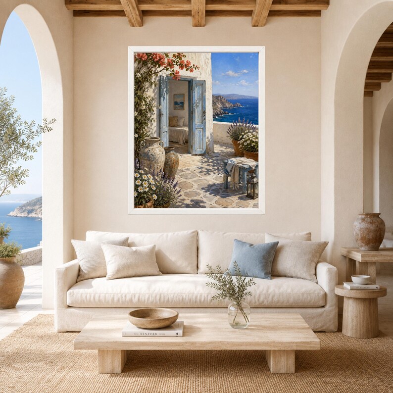 K&ouml;nnte beinhalten: Ein gerahmter Wandkunstdruck, der eine mediterrane K&uuml;stenszene mit einer offenen T&uuml;r, einer Steinterrasse, Terrakottat&ouml;pfen, bl&uuml;henden Blumen und einem Blick auf das blaue Meer unter klarem Himmel zeigt, platziert &uuml;ber einem beigen Sofa.
