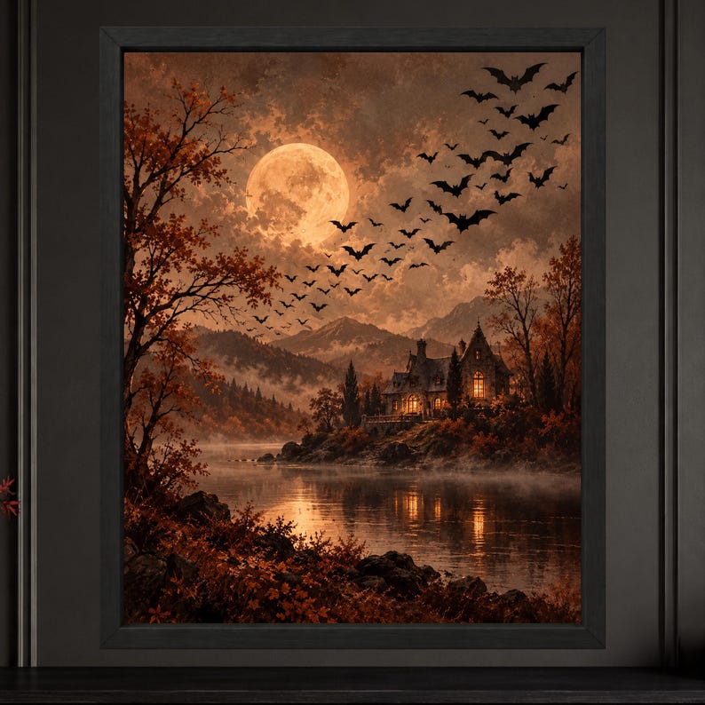 Decoración de pared de casa embrujada, lámina de Halloween con luna llena, paisaje gótico otoñal (descarga digital) imagen 2