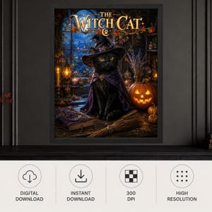 May include: A framed wall art print titled The Witch Cat featuring a black cat wearing a purple witch hat and cape. The scene includes a glowing jack-o'-lantern, a broomstick, a book, and candles in a dark, atmospheric room with a window view.