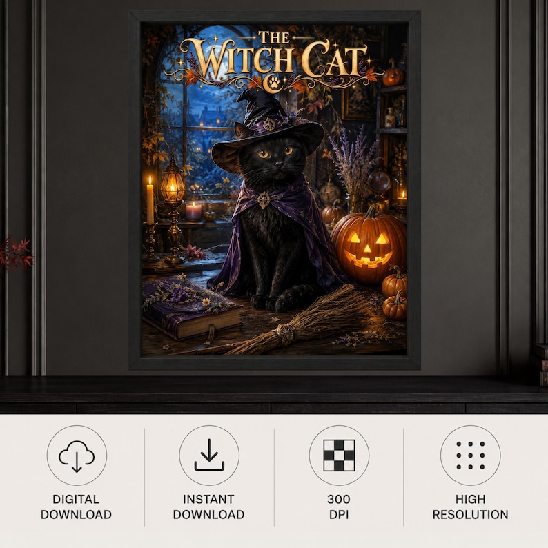 May include: A framed wall art print titled The Witch Cat featuring a black cat wearing a purple witch hat and cape. The scene includes a glowing jack-o'-lantern, a broomstick, a book, and candles in a dark, atmospheric room with a window view.
