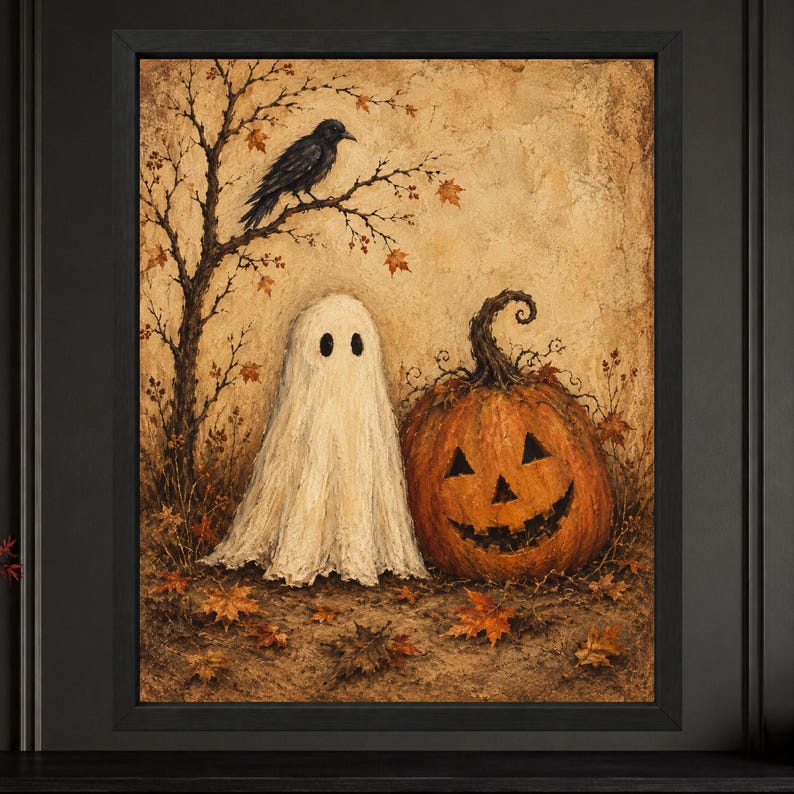 Pode incluir: Uma impress&atilde;o de arte de parede emoldurada apresentando um fantasma branco ao lado de uma ab&oacute;bora laranja esculpida. Um corvo preto est&aacute; empoleirado em um galho de &aacute;rvore nu acima do fantasma. A cena &eacute; definida contra um fundo bege texturizado.