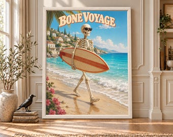 Funny Skeleton Surfer Poster, Retro Beach Art, Coastal Decor (Digital Download)