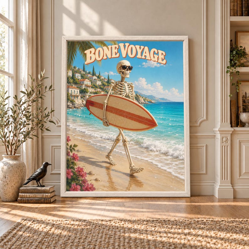 Framed Bone Voyage skeleton wall art showing a skeleton in sunglasses carrying a retro striped surfboard along a sunny turquoise beach with Mediterranean coastal scenery.