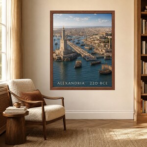 May include: A framed wall art print depicting an aerial view of the ancient city of Alexandria with its lighthouse, harbor, and sailing ships on the water. The text at the bottom of the print reads ALEXANDRIA 220 BCE in a clean white font.