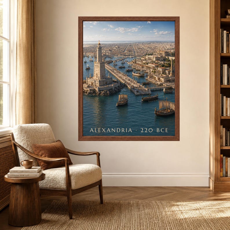 May include: A framed wall art print depicting an aerial view of the ancient city of Alexandria with its lighthouse, harbor, and sailing ships on the water. The text at the bottom of the print reads ALEXANDRIA 220 BCE in a clean white font.