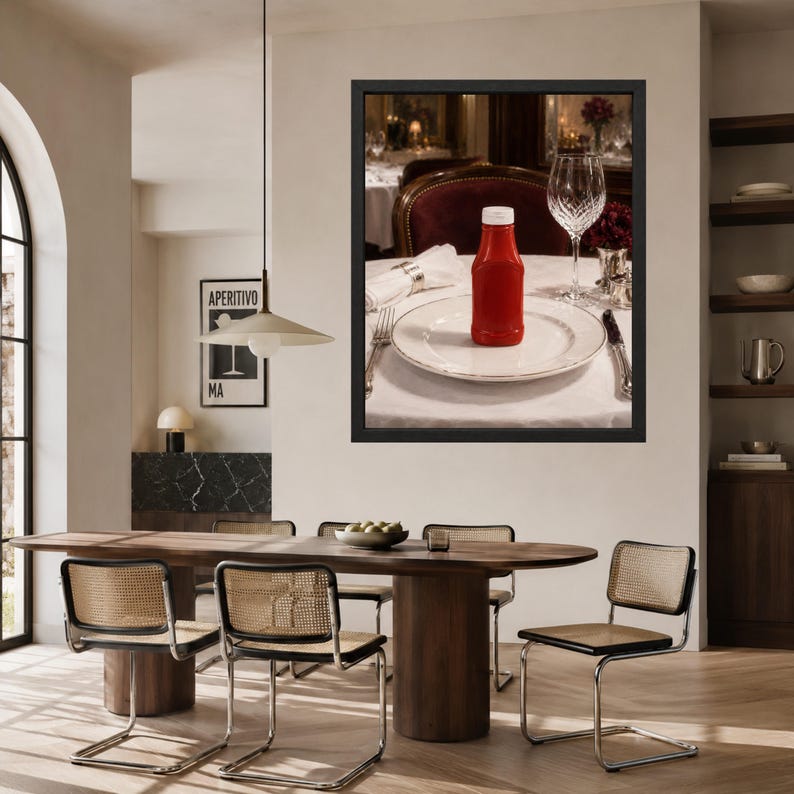 May include: A framed wall art print featuring a red ketchup bottle centered on a white dinner plate. The table setting includes a crystal wine glass, a silver fork, and a silver knife on a white tablecloth, with a dark red chair in the background.