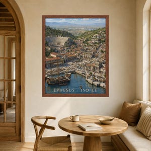 May include: A framed wall art print depicting an aerial view of the ancient city of Ephesus in 150 CE, featuring a harbor with wooden ships, stone buildings, a large theater, and hills in the background, with the text EPHESUS 150 CE at the bottom.