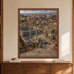 Framed Rome 120 CE wall art showing a reconstructed ancient Roman city with monumental forums, temples, public squares, crowded streets and the Colosseum rising above the surrounding architecture.