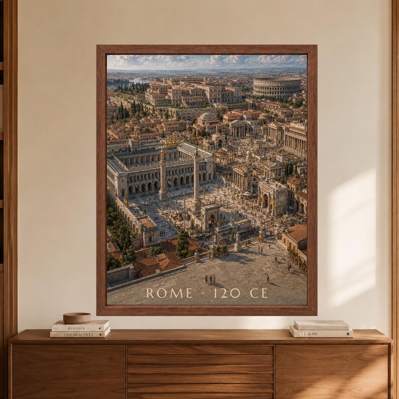 Framed Rome 120 CE wall art showing a reconstructed ancient Roman city with monumental forums, temples, public squares, crowded streets and the Colosseum rising above the surrounding architecture.