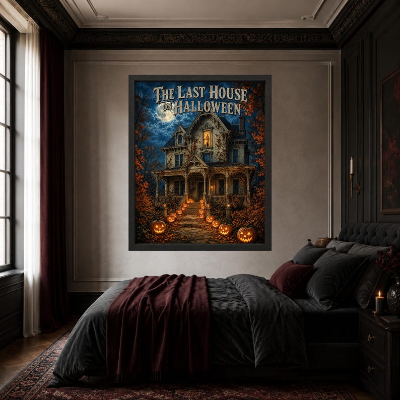May include: A framed wall art print titled The Last House on Halloween, featuring a dark, multi-story Victorian house at night under a full moon, surrounded by autumn trees and a stone path lined with glowing jack-o'-lanterns in orange and yellow.
