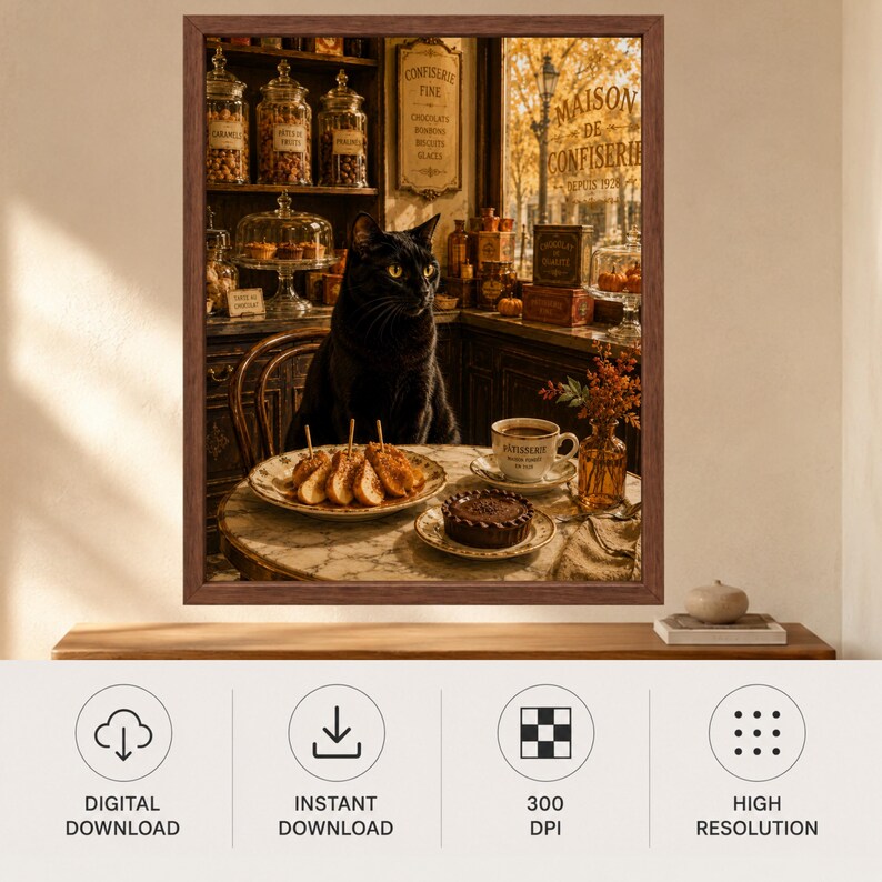 May include: A framed wall art print depicting a black cat sitting at a marble table in a confectionery shop. The table holds a plate of pastries, a chocolate tart, and a cup of coffee. The background shows shelves of glass jars and a window.