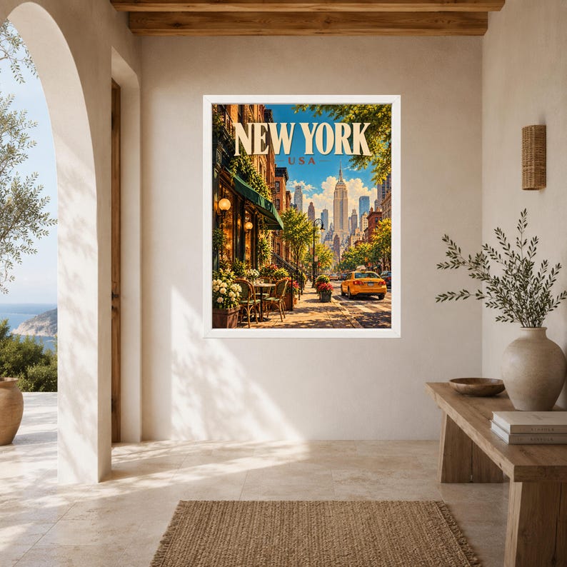 May include: A framed wall art print featuring a vibrant street scene in New York City. The image displays a sidewalk cafe with green awnings, lush trees, and a yellow taxi driving down the street. The text NEW YORK USA is printed at the top.