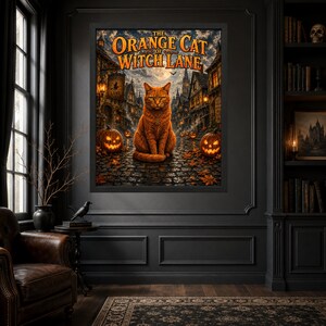 May include: A framed wall art print titled The Orange Cat of Witch Lane, featuring a ginger cat sitting on a cobblestone street at night, surrounded by glowing jack-o'-lanterns, autumn leaves, and old buildings under a full moon and cloudy sky.