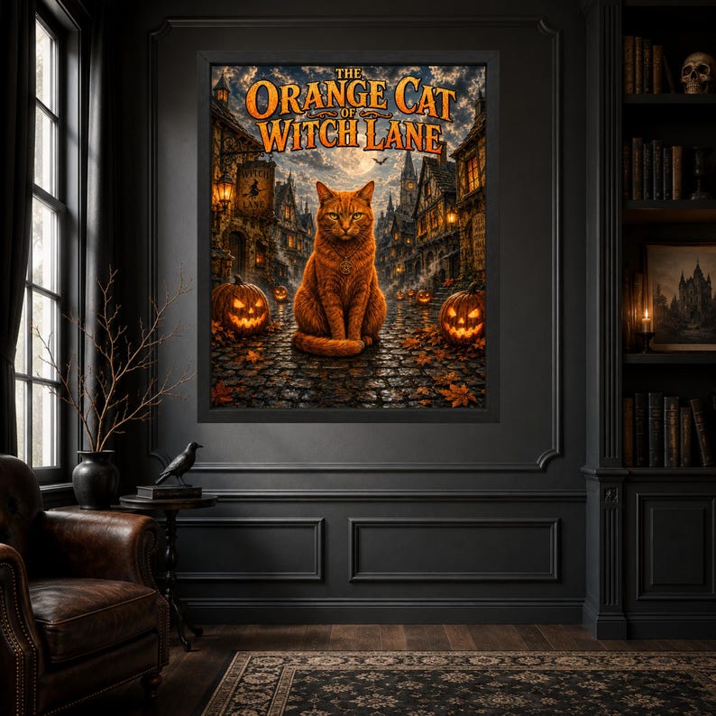 May include: A framed wall art print titled The Orange Cat of Witch Lane, featuring a ginger cat sitting on a cobblestone street at night, surrounded by glowing jack-o'-lanterns, autumn leaves, and old buildings under a full moon and cloudy sky.