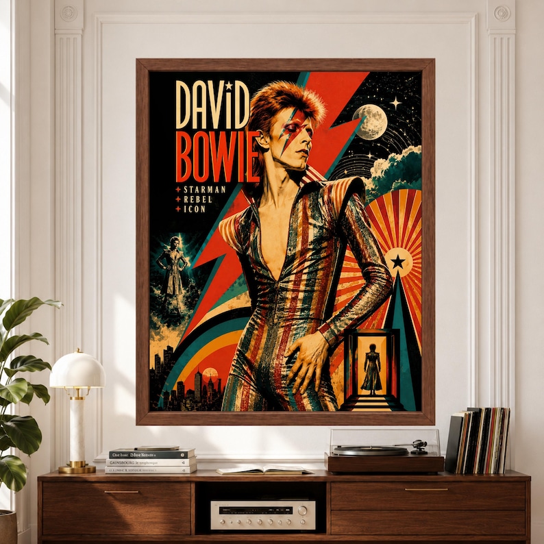 Framed David Bowie wall art featuring Bowie in a striped glam rock stage suit with lightning-bolt makeup, bold Starman graphics, stars, moon imagery and colorful retro 1970s poster design.