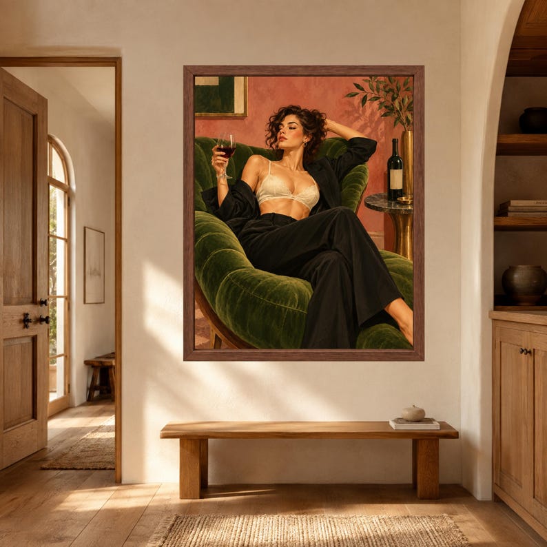 Woman With Wine Wall Art, Green Velvet Lounge Print, Fashion Poster (Digital Download) immagine 7