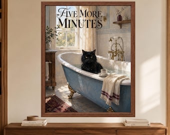 Black Cat Bathtub Print, Five More Minutes Bathroom Art (Digital Download)