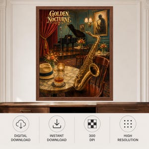 May include: A framed wall art print titled Golden Nocturne featuring a jazz club scene with a gold saxophone on a wooden chair, a fedora hat, a glass of amber liquid on a table, a grand piano, red curtains, and warm lighting in a dark room.