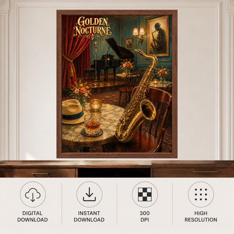 May include: A framed wall art print titled Golden Nocturne featuring a jazz club scene with a gold saxophone on a wooden chair, a fedora hat, a glass of amber liquid on a table, a grand piano, red curtains, and warm lighting in a dark room.