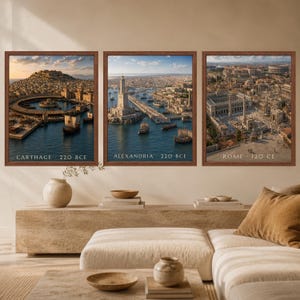 May include: A set of three framed wall art prints depicting historical cityscapes. The left print shows Carthage 220 BCE, the center print shows Alexandria 220 BCE, and the right print shows Rome 120 CE, each featuring detailed ancient architecture.