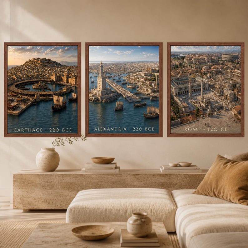 May include: A set of three framed wall art prints depicting historical cityscapes. The left print shows Carthage 220 BCE, the center print shows Alexandria 220 BCE, and the right print shows Rome 120 CE, each featuring detailed ancient architecture.