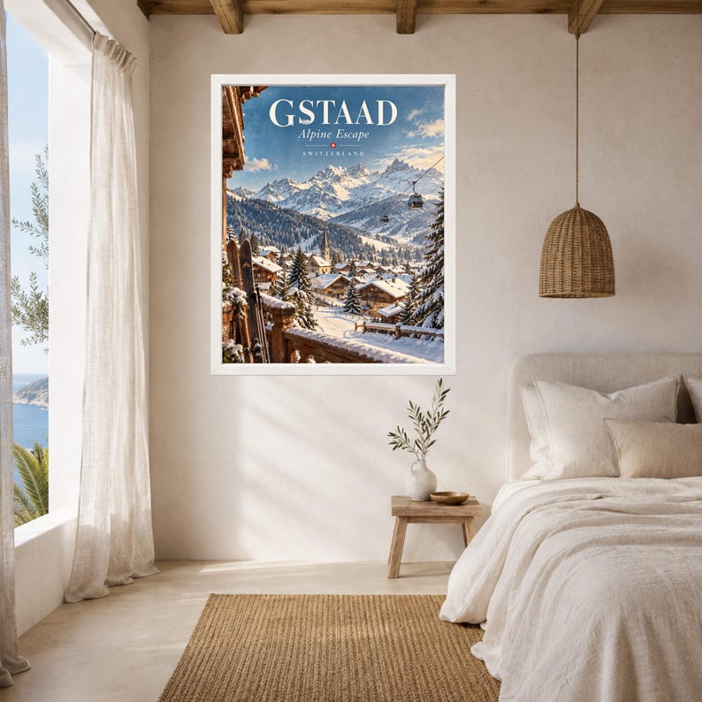 Gstaad Swiss Alps Travel Poster, Alpine Village, Ski Resort (Digital Download) image 5