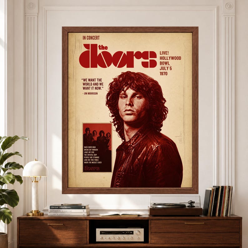 Framed The Doors and Jim Morrison wall art featuring a red-toned portrait of Jim Morrison with bold The Doors typography, retro Hollywood Bowl concert details and distressed cream poster background.