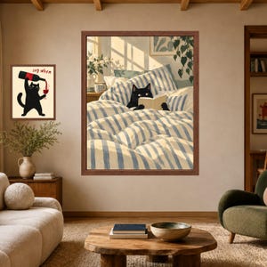 Black Cat Reading in Bed Print, Cozy Bedroom Wall Art (Digital Download) image 7