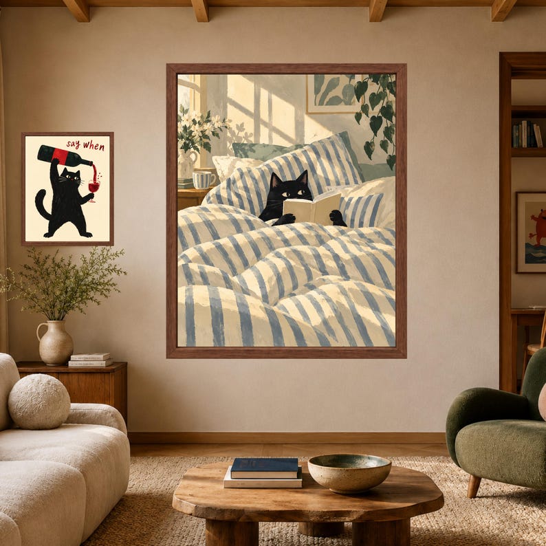 Black Cat Reading in Bed Print, Cozy Bedroom Wall Art (Digital Download) image 7
