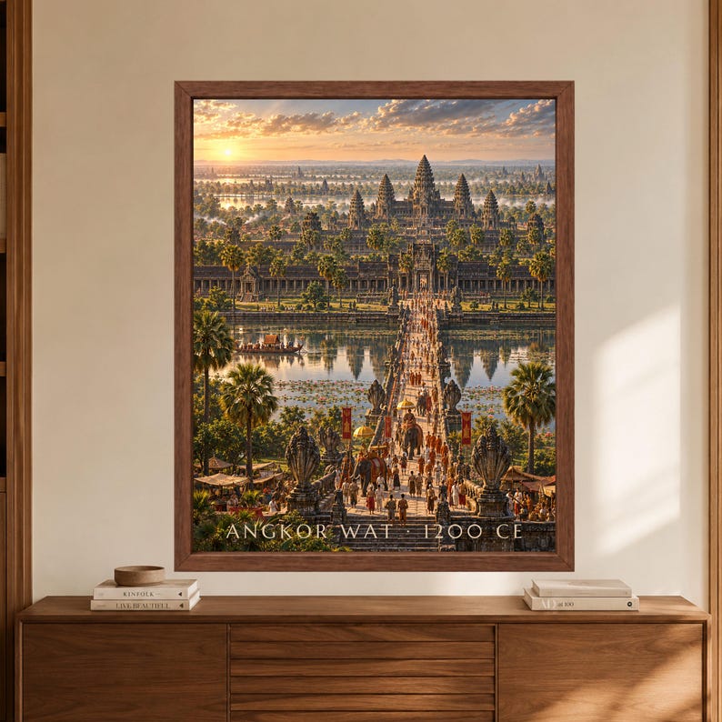 Framed Angkor Wat 1200 CE wall art showing the Khmer temple complex at sunrise with a crowded stone causeway, reflective water, lotus ponds, palm trees and monumental towers stretching into the Cambodian landscape.