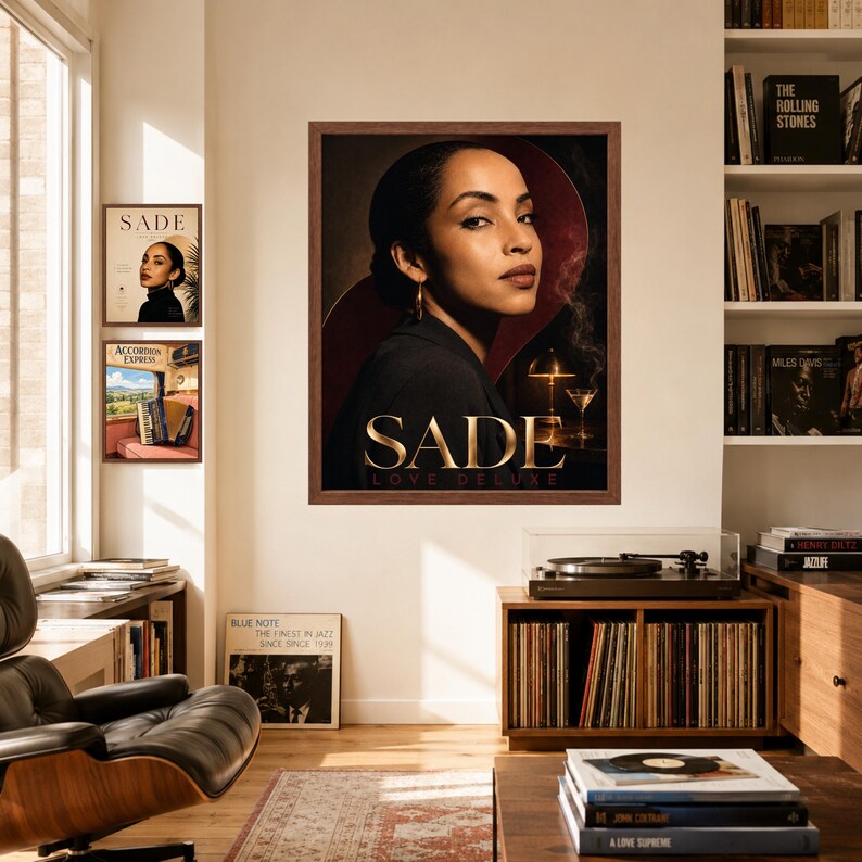 K&ouml;nnte beinhalten: Ein gerahmter Wandkunstdruck mit einem Portr&auml;t der S&auml;ngerin Sade und dem Text SADE LOVE DELUXE. Das Bild zeigt eine dunkelhaarige Person in einem schwarzen Blazer vor einem dunkelroten Hintergrund, mit einem Martiniglas und einer Lampe.