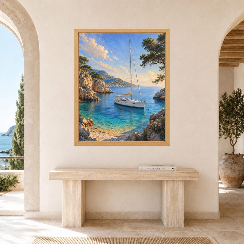 May include: A framed wall art print depicting a white sailboat anchored in a turquoise cove surrounded by rocky cliffs and trees under a bright blue sky with soft clouds. The artwork is displayed on a light-colored wall above a wooden console table.