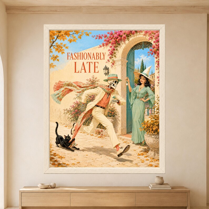 Framed Fashionably Late skeleton wall art featuring a stylish skeleton rushing past a witch holding a pocket watch while a mischievous black cat pulls his flowing scarf in a colorful autumn courtyard.