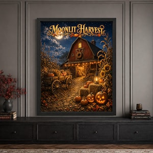 Framed Halloween harvest wall art featuring a glowing red barn beneath the moon, surrounded by corn stalks, pumpkins, jack-o’-lanterns, hay bales, sunflowers and a vintage farm wagon with “Moonlit Harvest” typography.