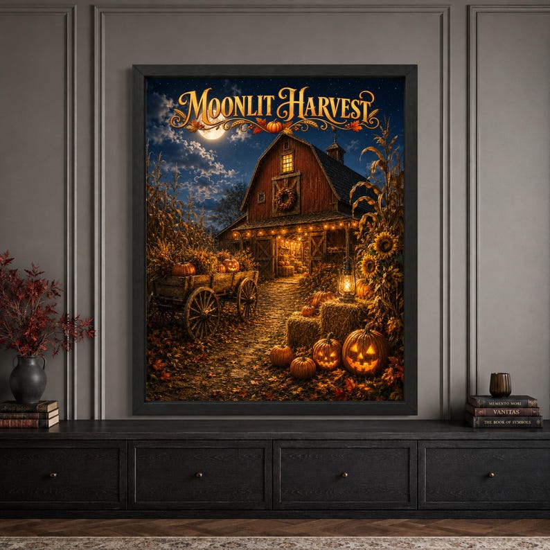 Framed Halloween harvest wall art featuring a glowing red barn beneath the moon, surrounded by corn stalks, pumpkins, jack-o’-lanterns, hay bales, sunflowers and a vintage farm wagon with “Moonlit Harvest” typography.