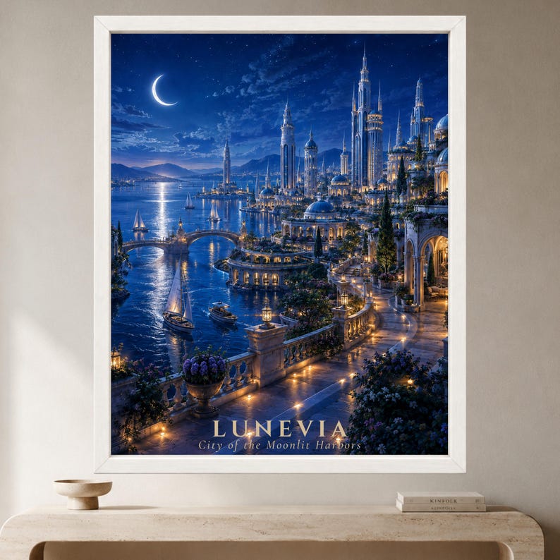 Pu&ograve; includere: Una stampa d'arte incorniciata raffigurante una citt&agrave; costiera notturna intitolata LUNEVIA City of the Moonlit Harbors. L'immagine presenta alte guglie, una luna crescente in un cielo stellato, barche a vela su acqua blu scuro e vialetti in pietra illuminati.