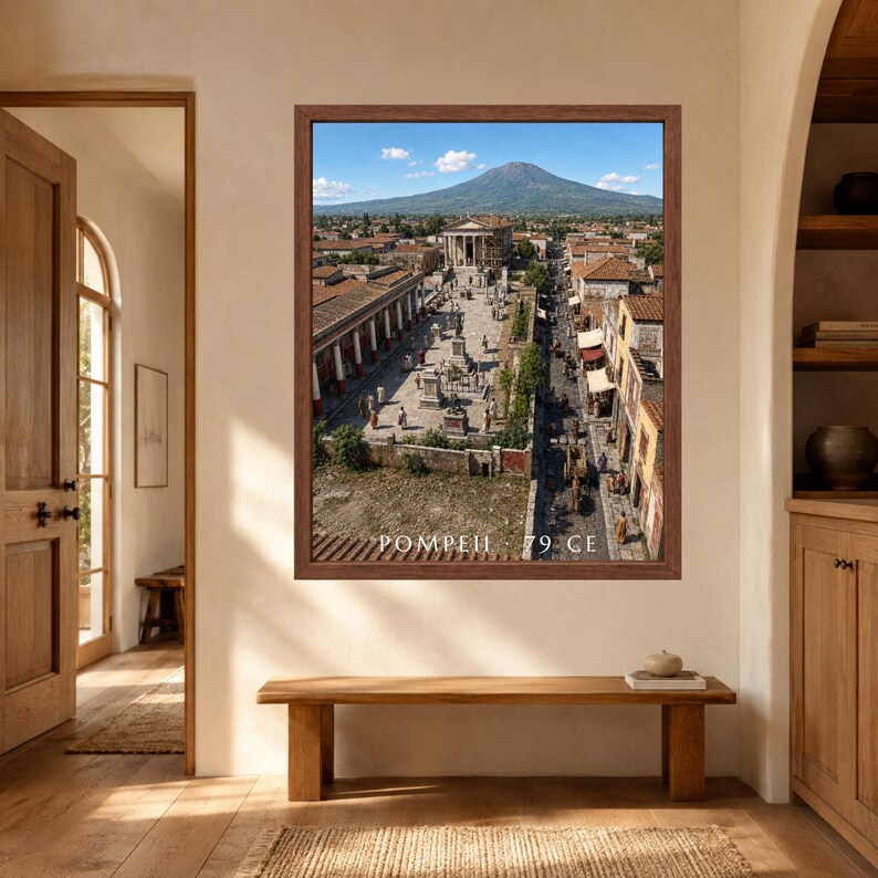 K&ouml;nnte beinhalten: Ein gerahmter Wandkunstdruck, der eine Luftaufnahme der antiken Stadt Pompeji mit dem Vesuv im Hintergrund zeigt. Die Szene umfasst Steingeb&auml;ude, einen zentralen Platz und Menschen, mit dem Text POMPEII 79 CE am unteren Rand gedruckt.