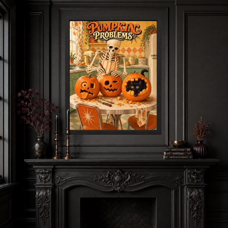 May include: A framed wall art print titled Pumpkin Problems featuring a skeleton wearing an apron while carving three orange pumpkins on a retro kitchen table. One pumpkin has a black cat peeking out from inside, while another has a tongue out.