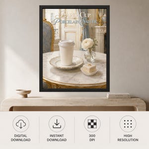 May include: A framed wall art print titled Paper Cup, Porcelain Saucer featuring a white paper cup on a scalloped porcelain saucer, a small square cake, and a white flower in a glass vase on a marble table in a classic room setting.