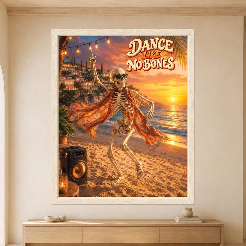 Dancing Skeleton Beach Party Print, Retro Summer Humor Art (Digital Download) image 8